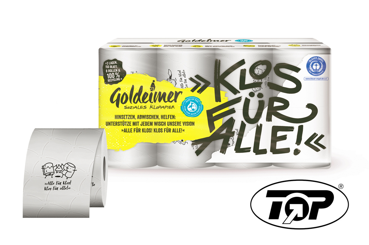 Tu Gutes mit Toilettenpapier "Goldeimer", 3lagig, natur, 150 Blatt/Rolle (Karton enthält 3 Lagen mit je 7 Beuteln à 8 Rollen = 168 Rollen)